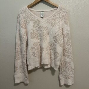 Joie Fuzzy Sweater Size Small V-Neck Long Sleeve Champagne Floral EUC